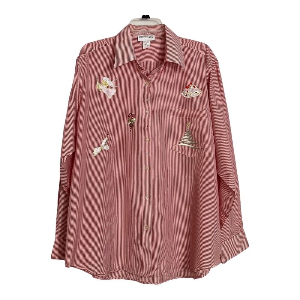 Vintage Christmas Sequin Applique Button Shirt Pinstripe Women XL Festive